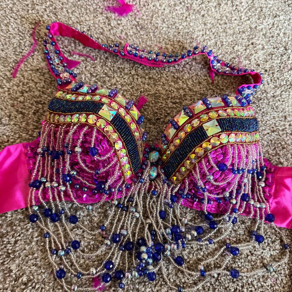 Authentic Las Vegas Showgirls Outfit 3 Pieces Pink Sparkle Feather Costume